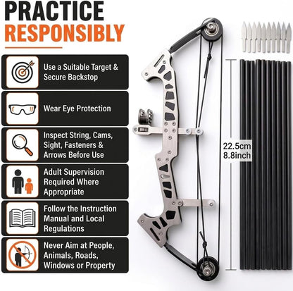 Mini Compound Bow Set, Metal Archery Training Bow with 10 Practice Arrows, Dual-Cam Design, Target Paper, Replacement Bowstring and Hex Wrench, Recreational Target Practice Kit