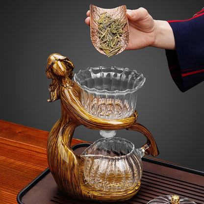 Lazy Kungfu Drip Teapot, Heat Resistant Tea Set, Semi-Automatic Glass Teapot Suit for Magnetic Water Flow Wooden Glass Teapot Set with Cups (Coffee Maiden)