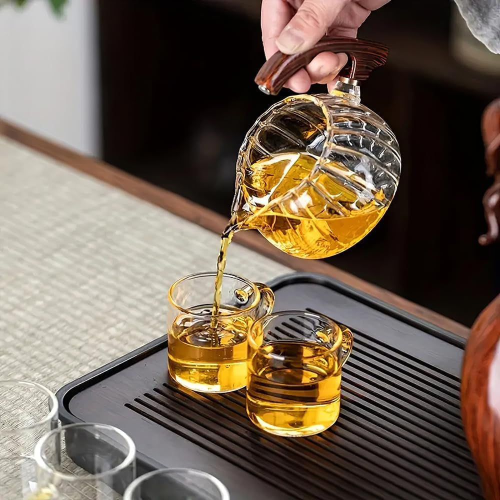 Lazy Kungfu Drip Teapot, Heat Resistant Tea Set, Semi-Automatic Glass Teapot Suit for Magnetic Water Flow Wooden Glass Teapot Set with Cups (Coffee Maiden)
