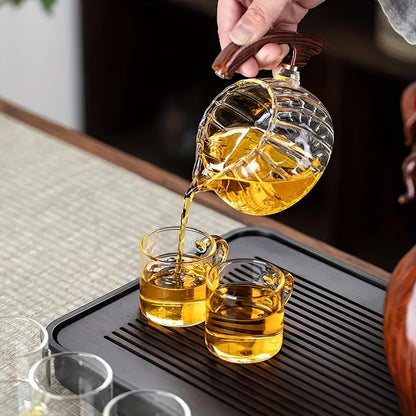 Lazy Kungfu Drip Teapot, Heat Resistant Tea Set, Semi-Automatic Glass Teapot Suit for Magnetic Water Flow Wooden Glass Teapot Set with Cups (Coffee Maiden)