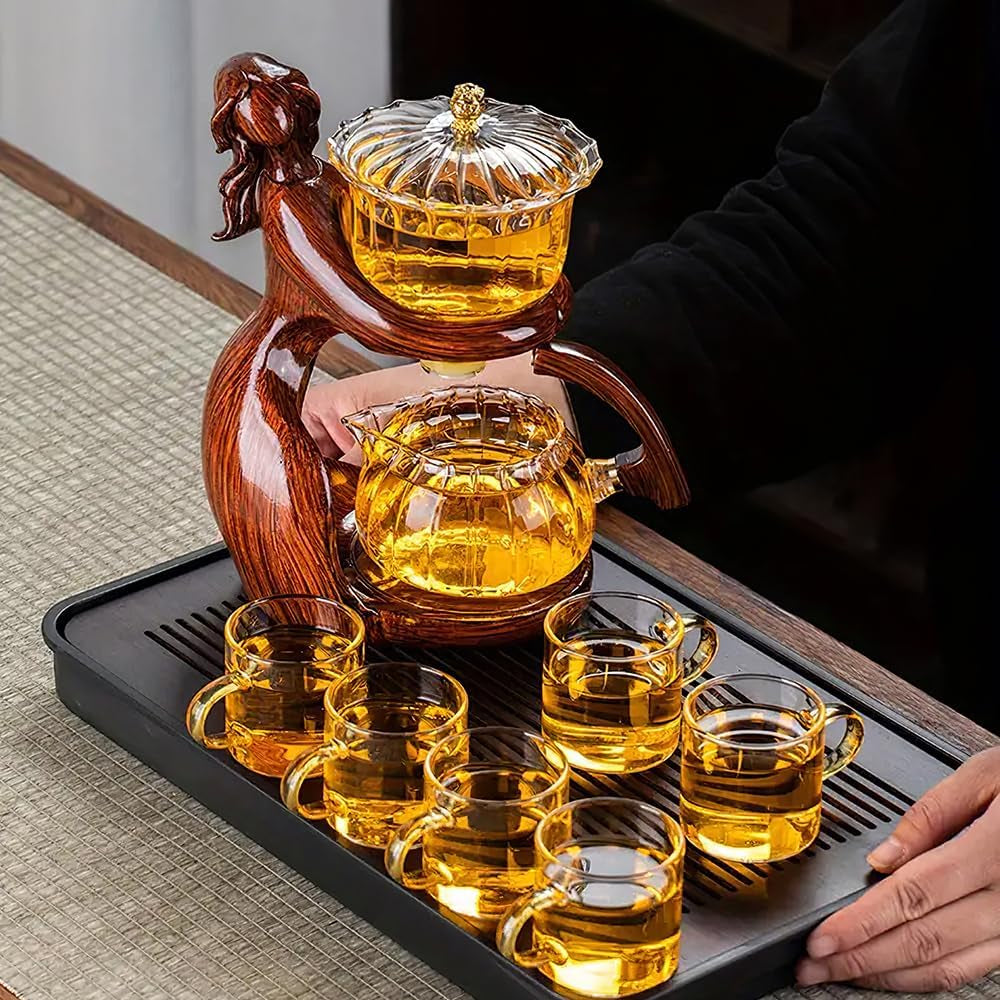 Lazy Kungfu Drip Teapot, Heat Resistant Tea Set, Semi-Automatic Glass Teapot Suit for Magnetic Water Flow Wooden Glass Teapot Set with Cups (Coffee Maiden)