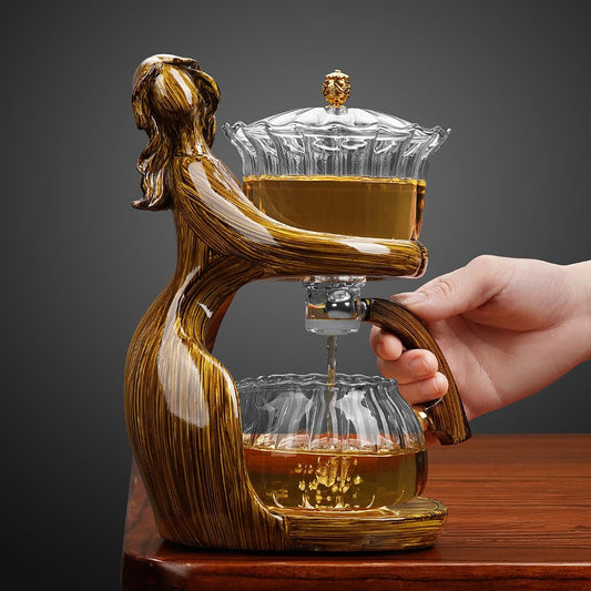 Lazy Kungfu Drip Teapot, Heat Resistant Tea Set, Semi-Automatic Glass Teapot Suit for Magnetic Water Flow Wooden Glass Teapot Set with Cups (Coffee Maiden)