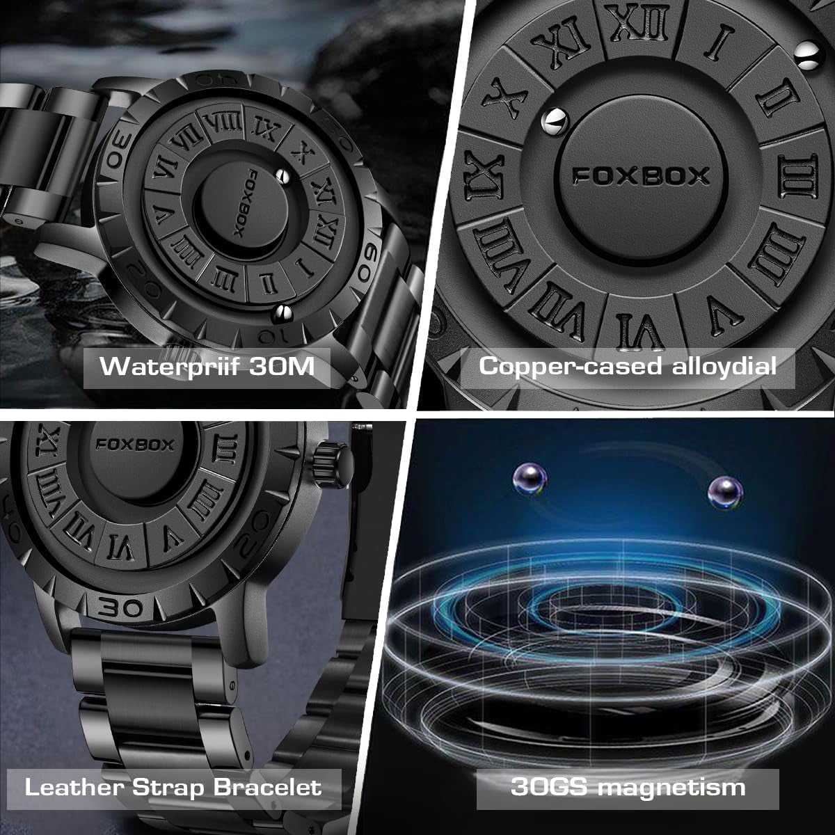 Men'S Watch Magnetic Floating Ball Pointer Roman Numerals Quartz Watches