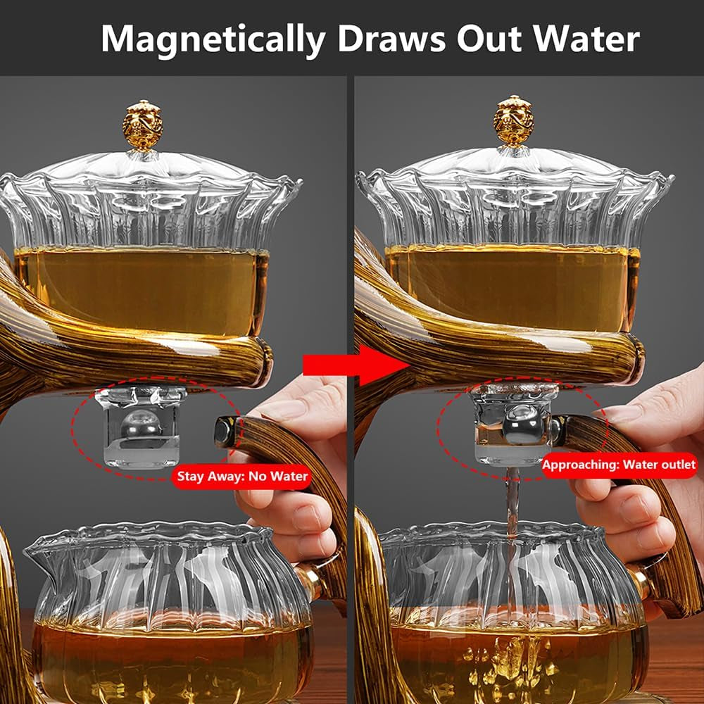 Lazy Kungfu Drip Teapot, Heat Resistant Tea Set, Semi-Automatic Glass Teapot Suit for Magnetic Water Flow Wooden Glass Teapot Set with Cups (Coffee Maiden)