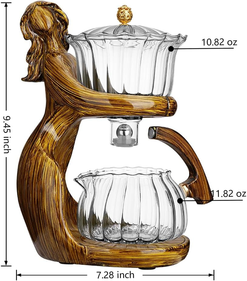 Lazy Kungfu Drip Teapot, Heat Resistant Tea Set, Semi-Automatic Glass Teapot Suit for Magnetic Water Flow Wooden Glass Teapot Set with Cups (Coffee Maiden)