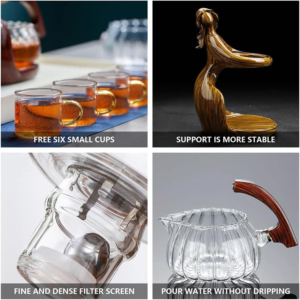Lazy Kungfu Drip Teapot, Heat Resistant Tea Set, Semi-Automatic Glass Teapot Suit for Magnetic Water Flow Wooden Glass Teapot Set with Cups (Coffee Maiden)